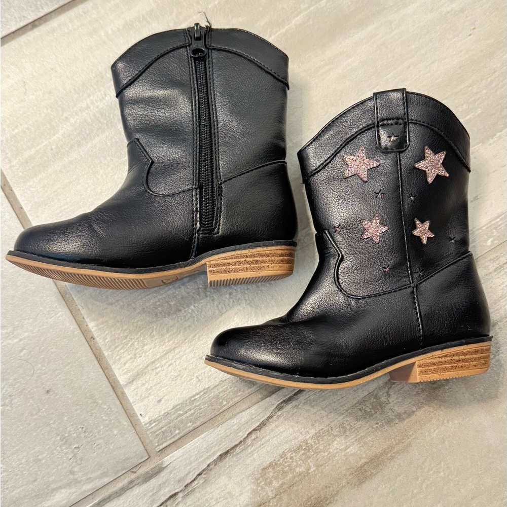 Black Girl Kids' Cowboy Boots with Pink Stars